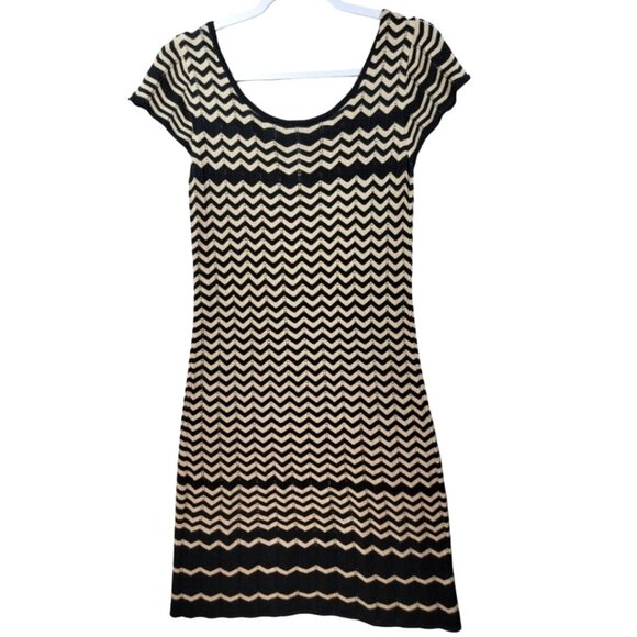 Julian Taylor Knit Midi Dress Size M Brown Black Stretch Zig Zag Eyelet Scallope - Picture 2 of 10